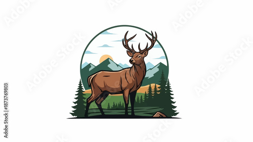 Majestic Stag Standing Proudly in a Mountain Forest Landscape.