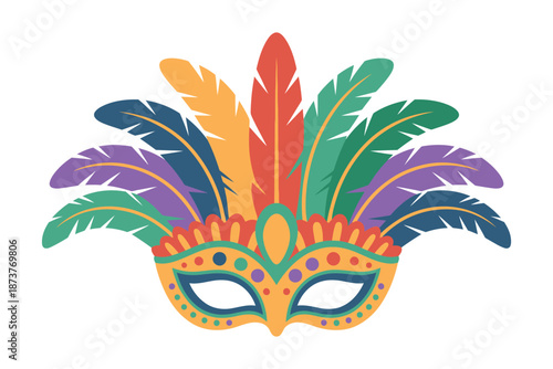 A colorful masquerade mask with feathers on a white background