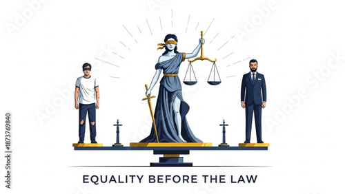 Lady Justice statue balancing scales with man and woman symbolizing equality before the law vector illustration for legal concept