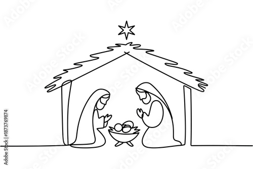 A simple line drawing of the Nativity scene with Mary and Joseph
