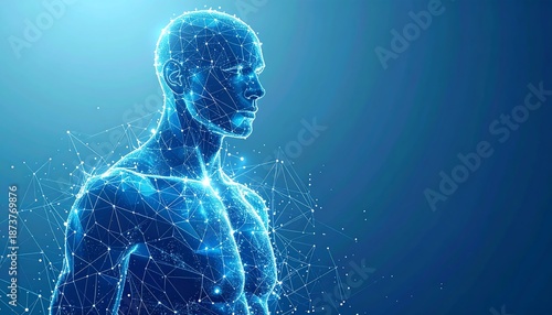 A digital representation of a human male figure, constructed from glowing blue lines and nodes, set against a gradient background