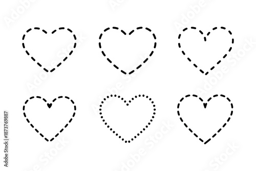 A set of six dotted and dashed heart shapes on a white background