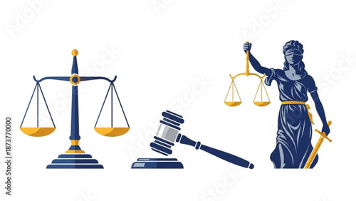 Justice symbols collection including scales of justice gavel and Lady Justice statue flat vector illustration for legal concepts
