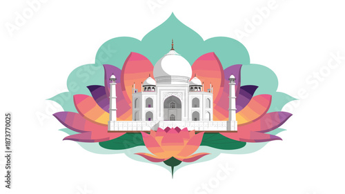 Vibrant illustration of the Taj Mahal on a colorful lotus flower