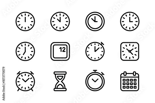 A collection of various clock and time icons on a white background