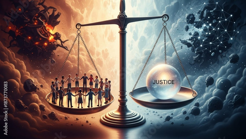 Scales of justice balancing humanity against chaos symbolizing law and order conceptual art for legal and social themes