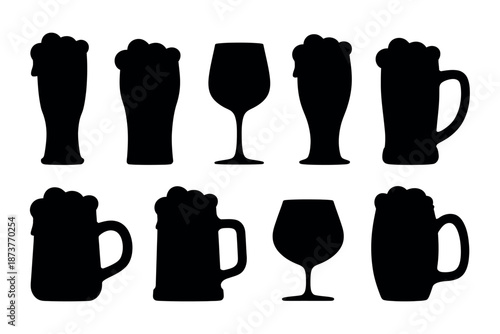 A collection of black silhouettes of various beer and wine glasses