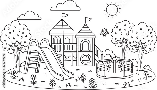Black and white illustration of a playhouse with playground equipment and trees in a sunny