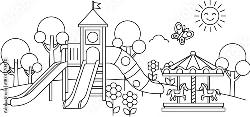 Black and white illustration of playful playground scene with carousel and slides for children