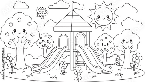 Black and white illustration of a playground with cartoon trees and smiling sun