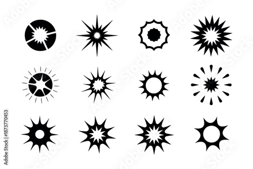 A collection of various black explosion icons on a white background
