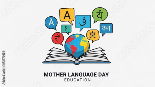 Open book with globe and speech bubbles of different languages concept for education and global communication Mother Language Day