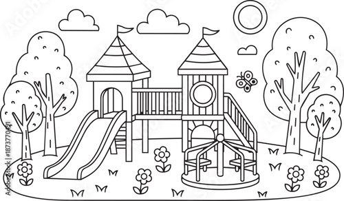 Black and white illustration of a children's playground with playhouse and slide