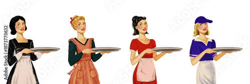 Obraz na plátně set of Serve A close-up image of a woman holding a food tray; waitress; vintage