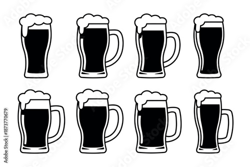 A set of eight black and white beer mugs with foamy tops