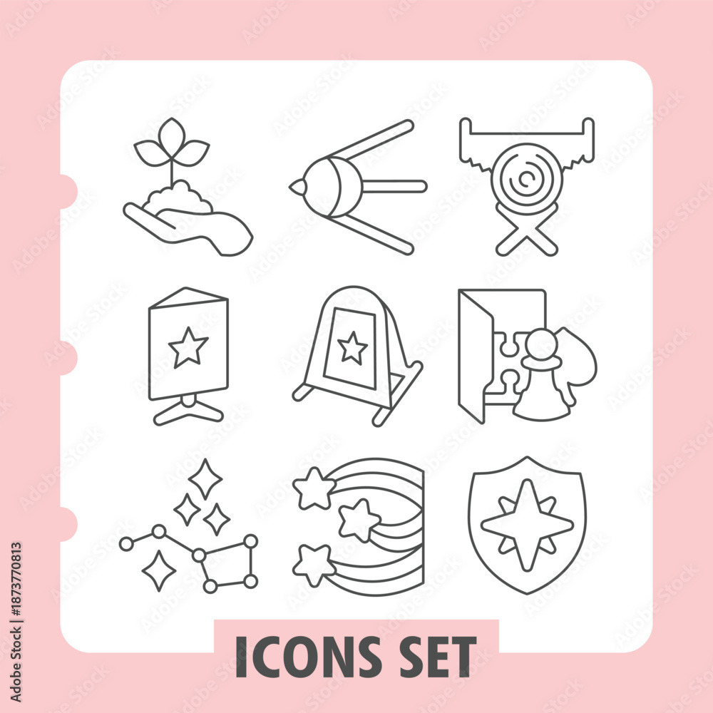 Fototapeta premium Sprout, banner, stars simple icons set including awards, security, network, science items in outline style for web apps and print on white background. Vector graphics. Set of nine thin line icons.