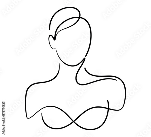 A minimalist line drawing of a woman's face and shoulders in black