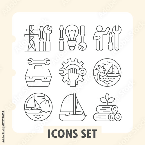 High voltage pole, toolbox, sea boat simple icons set with travel, industry, innovation items in outline style for web apps and print on white background. Vector graphics. Set of nine thin line icons.