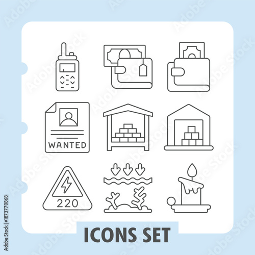 Walkie talkie, criminal, warning badge simple icons set with money, radio, electricity items in outline style for web apps and print on white background. Vector graphics. Set of nine thin line icons.