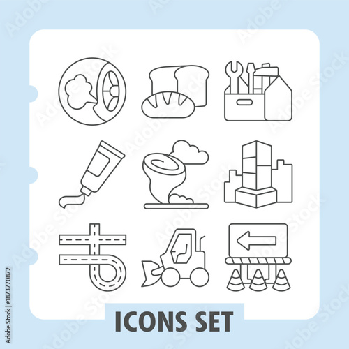 Deflated wheel tire, toothpaste, road simple icon set with essential, hygiene, industry items in outline style for web apps and print on white background. Vector graphics. Set of nine thin line icons.