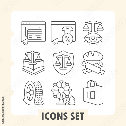 Payment page, scale, tire simple icons set including analytics, law, security, browser items in outline style for web apps and print on white background. Vector graphics. Set of nine thin line icons.
