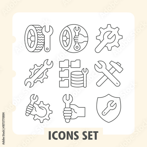Wrench and wheel tire, repair simple icons set featuring mechanical tools, data, repair items in outline style for web apps and print on white background. Vector graphics. Set of nine thin line icons.