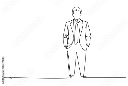 A simple line drawing of a man in a business suit standing confidently