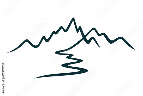 A stylized illustration of a mountain range with a winding river