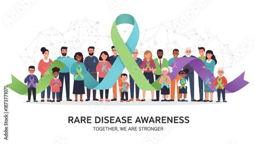 Diverse group of people holding rare disease awareness ribbons symbolizing unity and support vector illustration for advocacy and campaigns