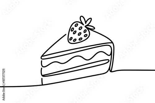 A simple line drawing of a slice of cake with a strawberry on top