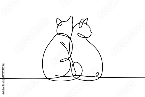 A minimalist line drawing of two cats sitting together in harmony