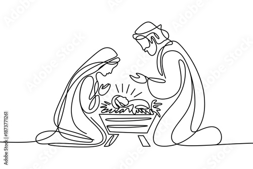 A minimalist line drawing of Mary and Joseph adoring baby Jesus in a manger