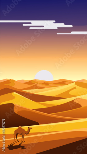 Desert landscape vector illustration with a camel walking in the sand dunes under the sun