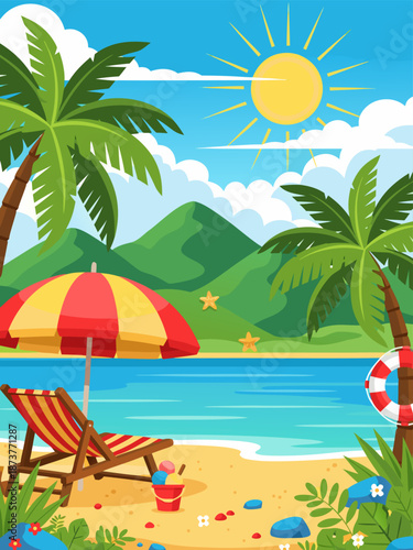 Vibrant Beach Scene Vector Illustration with Palm Trees, Ocean, and Sunny Sky