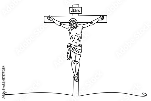 A drawing of Jesus Christ on the cross with a crown of thorns