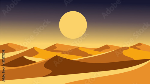 Serene Desert Landscape with Setting Sun Vector Illustration of Golden Sand Dunes at Dusk