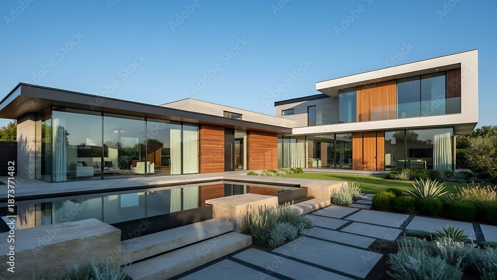 Fototapeta premium Modern luxury villa with large glass windows and outdoor pool