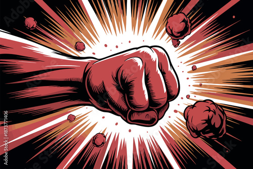 A powerful red fist punches through the air with explosive energy and motion