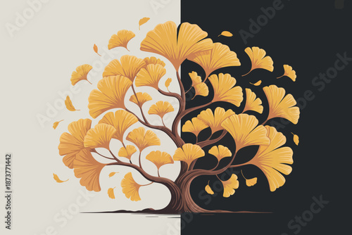 A stylized illustration of a ginkgo tree with yellow leaves on a contrasting black and white background