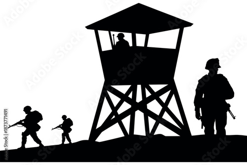 Soldiers in silhouette standing guard with a watchtower in the background