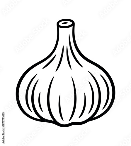 A simple black and white illustration of a whole garlic bulb