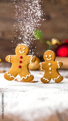 Gingerbread men with powdered sugar in a festive seasonal setting
