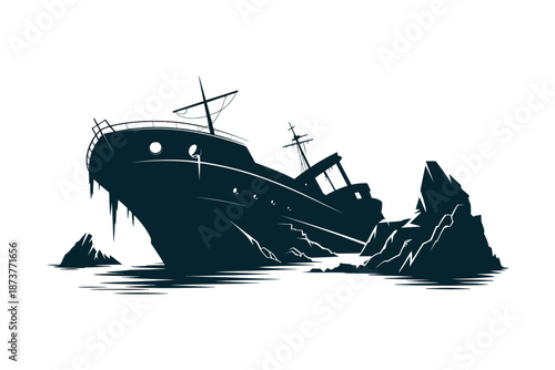 A dark silhouette of a shipwreck on rocky shores with calm waters