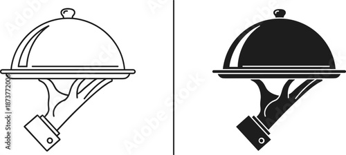 Elegant food service icons featuring hand with tray and cloche in outline and silhouette styles for hospitality branding and design.