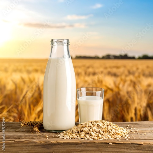 Glass bottle and glass of liquid with oats on a wooden table