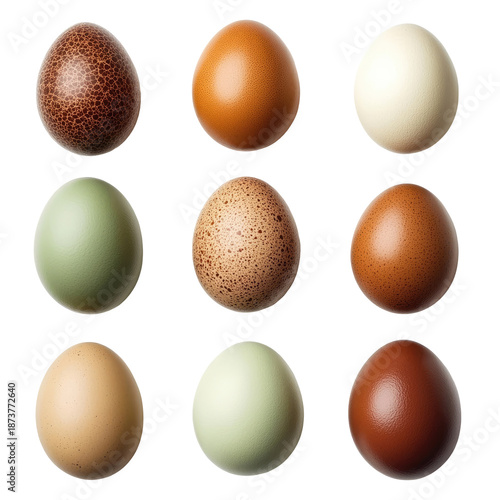 Nine Chicken Eggs of Varying Colors and Textures Isolated on a Transparent Background