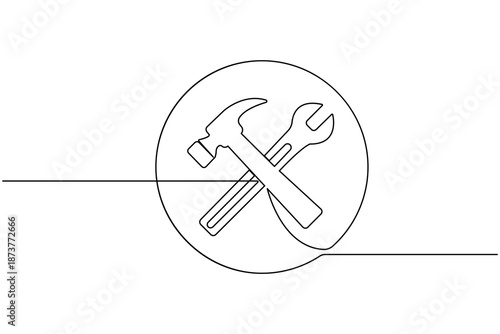 One line art of industrial tools with a wrench and hammer on white background