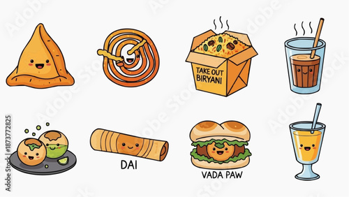 Cute Street Food Characters – Cartoon Vector Set Featuring Samosa, Chai, Biryani and Popular Indian Snacks