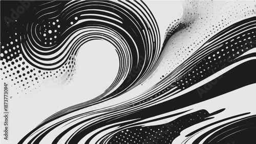 Abstract vector background featuring a black and white geometric design with flowing lines, waves, and optical spiral patterns to create a 3d motion texture for a modern art wallpaper backdrop