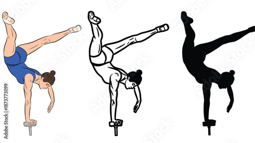 A gymnast performing a handstand on uneven bars in different artistic styles